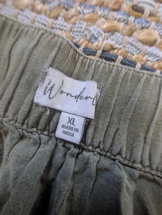 Olive Green Linen Midi Skirt XL Elastic Waist Drawstring Flowy Lightweight Boho - Picture 5 of 8